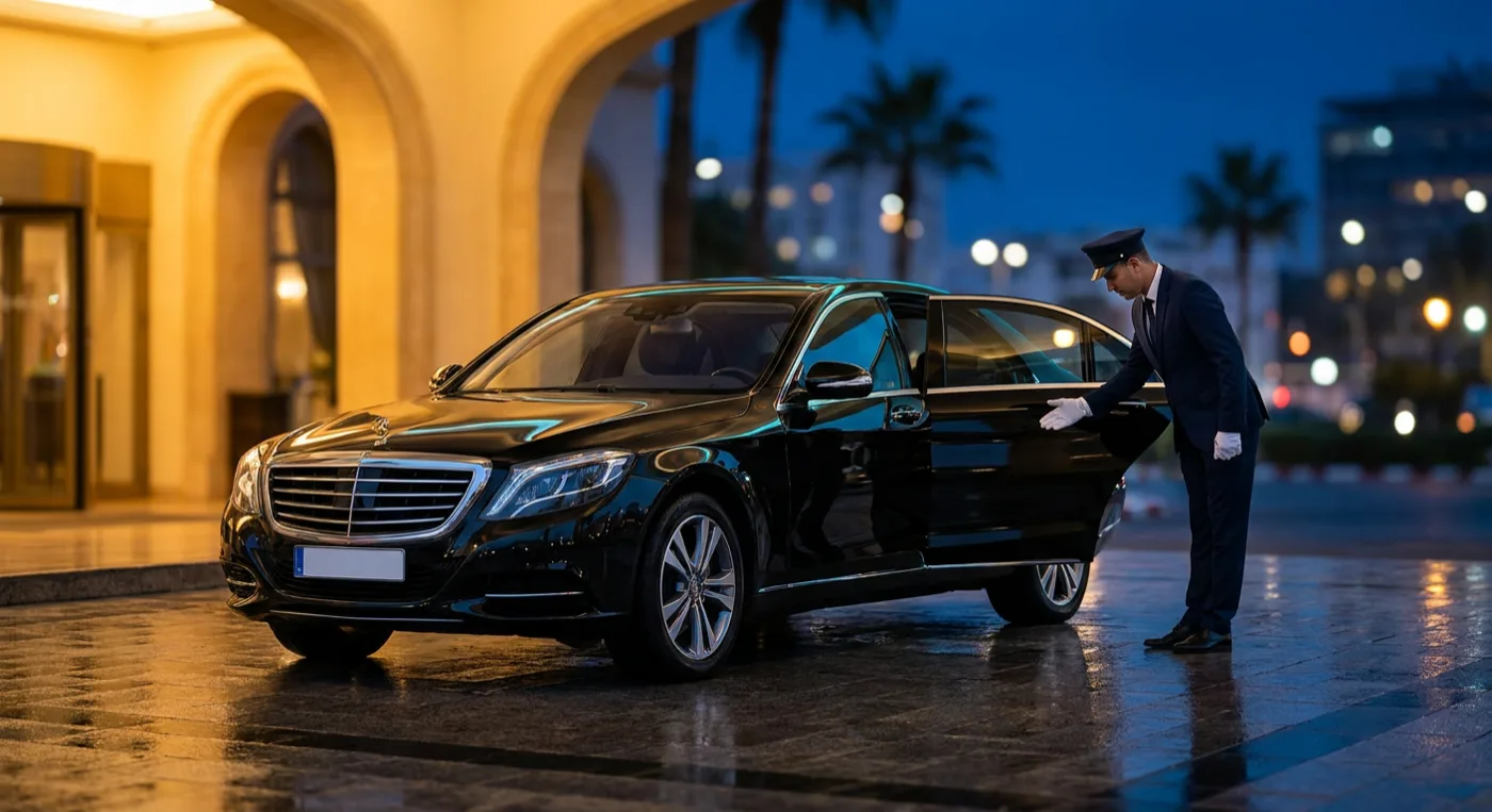 Berline VIP avec chauffeur à l'arrivée d'un événement au Maroc — Blue Mirage