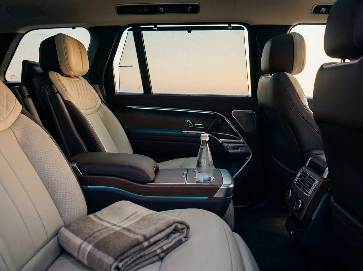 Intérieur cuir premium d'un véhicule de transport VIP Blue Mirage au Maroc